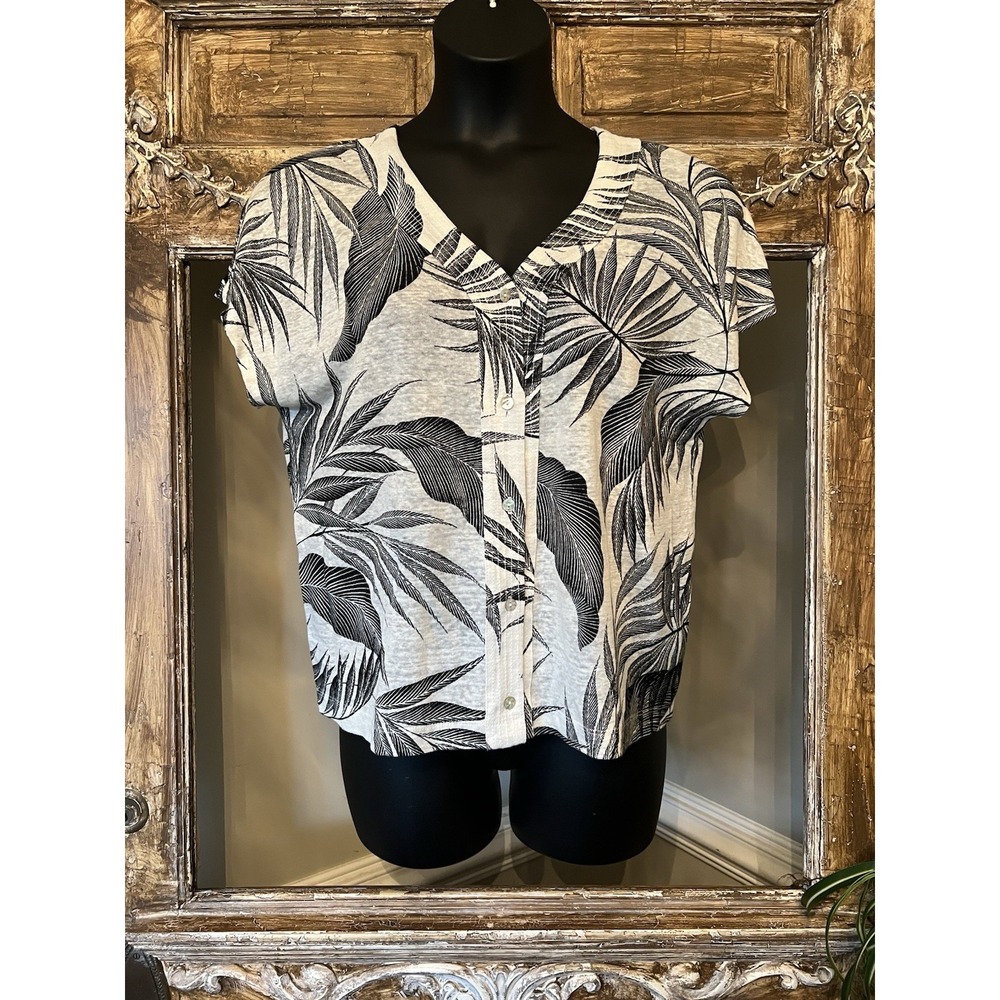 Tahari Women‎ Top Large Black White Linen Button Up Palm Leaf Print Lightweight